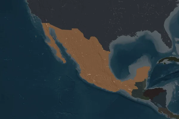 Shape of Mexico separated by the desaturation of neighboring areas. Colored elevation map. 3D rendering