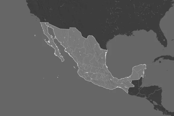 Shape of Mexico separated by the desaturation of neighboring areas. Borders. Bilevel elevation map. 3D rendering