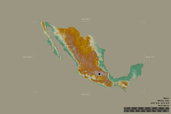 メキシコの地域は 洗練された境界の箱の中の強固な背景に隔離されました 主な地域部門 距離スケール ラベル 地形図 3Dレンダリング — ストック写真