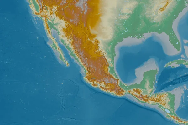 Extended area of Mexico. Topographic relief map. 3D rendering