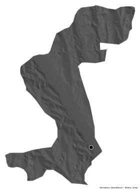 Moldova 'nın Basarabeasca ilçesi, başkenti beyaz arka planda izole edilmiş. Çift seviyeli yükseklik haritası. 3B görüntüleme