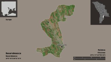 Basarabeasca 'nın şekli, Moldova ilçesi ve başkenti. Uzaklık ölçeği, ön gösterimler ve etiketler. Uydu görüntüleri. 3B görüntüleme