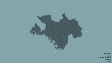 Moldova 'nın Briceni bölgesi, jeoreferatlı bir sınır kutusunda sağlam bir arka planda izole edilmiş. Etiketler. Renkli yükseklik haritası. 3B görüntüleme