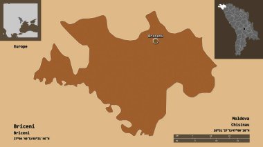 Briceni 'nin şekli, Moldova ilçesi ve başkenti. Uzaklık ölçeği, ön gösterimler ve etiketler. Düzenli desenli dokuların bileşimi. 3B görüntüleme