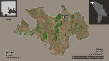 Briceni 'nin şekli, Moldova ilçesi ve başkenti. Uzaklık ölçeği, ön gösterimler ve etiketler. Uydu görüntüleri. 3B görüntüleme