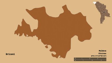 Moldova 'nın Briceni ilçesi, başkenti sağlam arka planda izole edilmiş. Uzaklık ölçeği, bölge önizlemesi ve etiketleri. Düzenli desenli dokuların bileşimi. 3B görüntüleme
