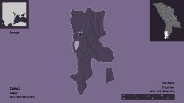 Cahul 'un şekli, Moldova ilçesi ve başkenti. Uzaklık ölçeği, ön gösterimler ve etiketler. Renkli yükseklik haritası. 3B görüntüleme