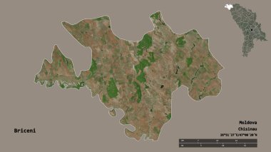 Moldova 'nın Briceni ilçesi, başkenti sağlam arka planda izole edilmiş. Uzaklık ölçeği, bölge önizlemesi ve etiketleri. Uydu görüntüleri. 3B görüntüleme