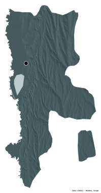 Moldova 'nın Cahul ilçesi, başkenti beyaz arka planda izole edilmiş. Renkli yükseklik haritası. 3B görüntüleme