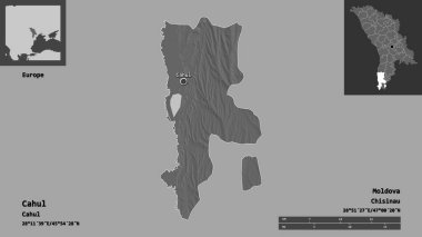 Cahul 'un şekli, Moldova ilçesi ve başkenti. Uzaklık ölçeği, ön gösterimler ve etiketler. Çift seviyeli yükseklik haritası. 3B görüntüleme