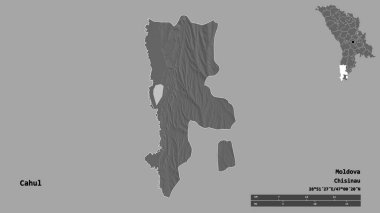Moldova 'nın Cahul ilçesi, başkenti sağlam arka planda izole edilmiş. Uzaklık ölçeği, bölge önizlemesi ve etiketleri. Çift seviyeli yükseklik haritası. 3B görüntüleme