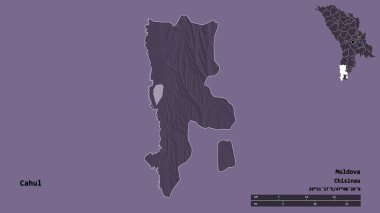 Moldova 'nın Cahul ilçesi, başkenti sağlam arka planda izole edilmiş. Uzaklık ölçeği, bölge önizlemesi ve etiketleri. Renkli yükseklik haritası. 3B görüntüleme