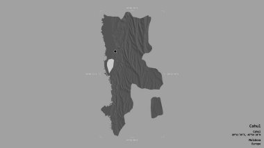 Moldova 'nın Cahul ilçesi bir sınır kutusunda sağlam bir zemin üzerinde izole edilmiştir. Etiketler. Çift seviyeli yükseklik haritası. 3B görüntüleme