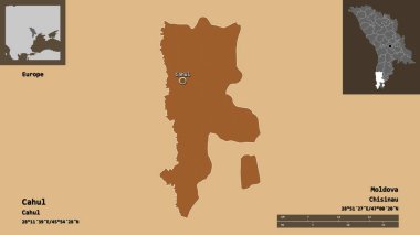 Cahul 'un şekli, Moldova ilçesi ve başkenti. Uzaklık ölçeği, ön gösterimler ve etiketler. Düzenli desenli dokuların bileşimi. 3B görüntüleme