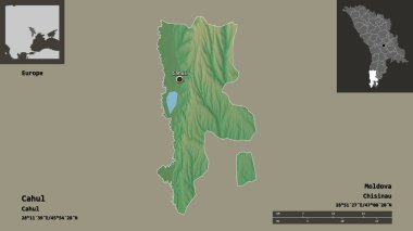 Cahul 'un şekli, Moldova ilçesi ve başkenti. Uzaklık ölçeği, ön gösterimler ve etiketler. Topografik yardım haritası. 3B görüntüleme