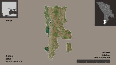 Cahul 'un şekli, Moldova ilçesi ve başkenti. Uzaklık ölçeği, ön gösterimler ve etiketler. Uydu görüntüleri. 3B görüntüleme