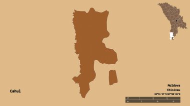 Moldova 'nın Cahul ilçesi, başkenti sağlam arka planda izole edilmiş. Uzaklık ölçeği, bölge önizlemesi ve etiketleri. Düzenli desenli dokuların bileşimi. 3B görüntüleme