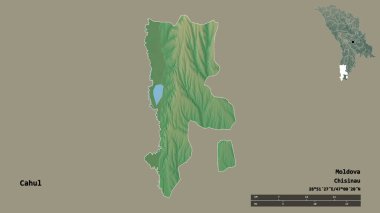 Moldova 'nın Cahul ilçesi, başkenti sağlam arka planda izole edilmiş. Uzaklık ölçeği, bölge önizlemesi ve etiketleri. Topografik yardım haritası. 3B görüntüleme