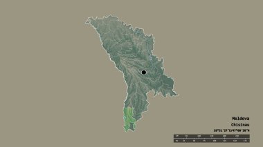 Başkenti, ana bölgesel bölünmesi ve ayrılmış Cahul bölgesiyle Moldova 'nın dejenere edilmiş şekli. Etiketler. Topografik yardım haritası. 3B görüntüleme