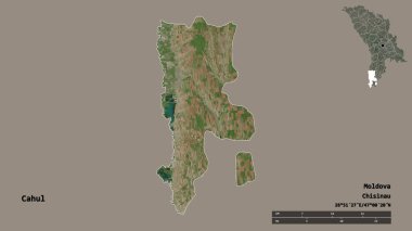 Moldova 'nın Cahul ilçesi, başkenti sağlam arka planda izole edilmiş. Uzaklık ölçeği, bölge önizlemesi ve etiketleri. Uydu görüntüleri. 3B görüntüleme