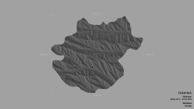 Moldova 'nın Calarasi ilçesi bir sınır kutusunda sağlam bir zemin üzerinde izole edilmiştir. Etiketler. Çift seviyeli yükseklik haritası. 3B görüntüleme