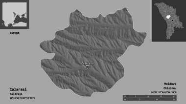 Moldova 'nın Calarasi ilçesi ve başkenti. Uzaklık ölçeği, ön gösterimler ve etiketler. Çift seviyeli yükseklik haritası. 3B görüntüleme