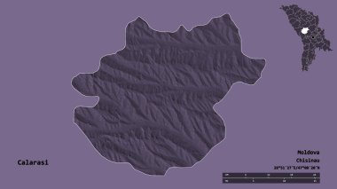 Moldova 'nın Calarasi ilçesi, başkenti sağlam bir zemin üzerinde izole edilmiş durumda. Uzaklık ölçeği, bölge önizlemesi ve etiketleri. Renkli yükseklik haritası. 3B görüntüleme