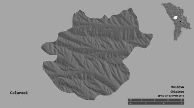 Moldova 'nın Calarasi ilçesi, başkenti sağlam bir zemin üzerinde izole edilmiş durumda. Uzaklık ölçeği, bölge önizlemesi ve etiketleri. Çift seviyeli yükseklik haritası. 3B görüntüleme