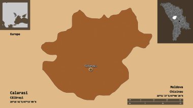 Moldova 'nın Calarasi ilçesi ve başkenti. Uzaklık ölçeği, ön gösterimler ve etiketler. Düzenli desenli dokuların bileşimi. 3B görüntüleme