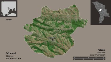 Moldova 'nın Calarasi ilçesi ve başkenti. Uzaklık ölçeği, ön gösterimler ve etiketler. Uydu görüntüleri. 3B görüntüleme