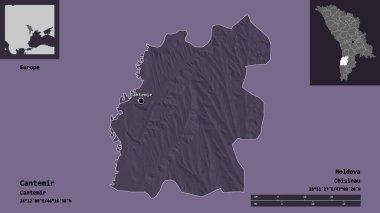 Moldova 'nın Cantemir ilçesi ve başkenti. Uzaklık ölçeği, ön gösterimler ve etiketler. Renkli yükseklik haritası. 3B görüntüleme