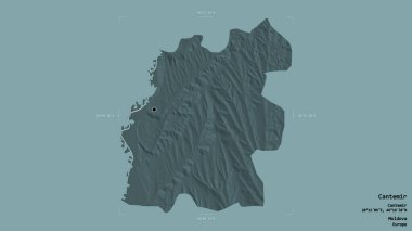 Moldova 'nın Cantemir ilçesi, jeoreferatlı bir sınır kutusunda sağlam bir zemin üzerinde izole edilmiş. Etiketler. Renkli yükseklik haritası. 3B görüntüleme