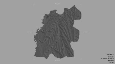 Moldova 'nın Cantemir ilçesi, jeoreferatlı bir sınır kutusunda sağlam bir zemin üzerinde izole edilmiş. Etiketler. Çift seviyeli yükseklik haritası. 3B görüntüleme