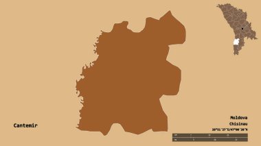 Moldova 'nın Cantemir ilçesi, başkenti sağlam bir zemin üzerinde izole edilmiş. Uzaklık ölçeği, bölge önizlemesi ve etiketleri. Düzenli desenli dokuların bileşimi. 3B görüntüleme
