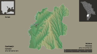 Moldova 'nın Cantemir ilçesi ve başkenti. Uzaklık ölçeği, ön gösterimler ve etiketler. Topografik yardım haritası. 3B görüntüleme