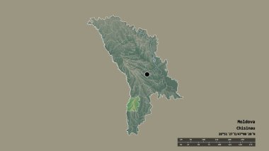 Başkenti, ana bölgesel bölünmesi ve ayrılmış Cantemir bölgesiyle Moldova 'nın dejenere edilmiş şekli. Etiketler. Topografik yardım haritası. 3B görüntüleme