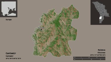 Moldova 'nın Cantemir ilçesi ve başkenti. Uzaklık ölçeği, ön gösterimler ve etiketler. Uydu görüntüleri. 3B görüntüleme