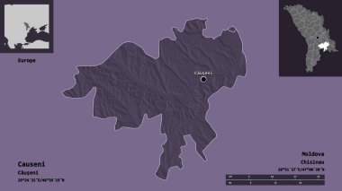 Causeni 'nin şekli, Moldova ilçesi ve başkenti. Uzaklık ölçeği, ön gösterimler ve etiketler. Renkli yükseklik haritası. 3B görüntüleme