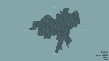 Moldova 'nın Causeni bölgesi, katı bir arka planda bir sınır kutusunda izole edilmiş. Etiketler. Renkli yükseklik haritası. 3B görüntüleme