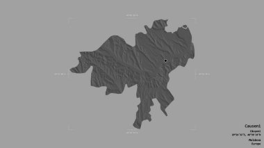 Moldova 'nın Causeni bölgesi, katı bir arka planda bir sınır kutusunda izole edilmiş. Etiketler. Çift seviyeli yükseklik haritası. 3B görüntüleme