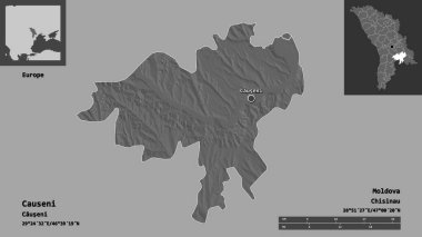 Causeni 'nin şekli, Moldova ilçesi ve başkenti. Uzaklık ölçeği, ön gösterimler ve etiketler. Çift seviyeli yükseklik haritası. 3B görüntüleme