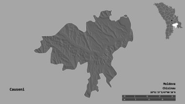 Moldova 'nın Causeni ilçesi, başkenti sağlam arka planda izole edilmiş. Uzaklık ölçeği, bölge önizlemesi ve etiketleri. Çift seviyeli yükseklik haritası. 3B görüntüleme