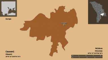 Causeni 'nin şekli, Moldova ilçesi ve başkenti. Uzaklık ölçeği, ön gösterimler ve etiketler. Düzenli desenli dokuların bileşimi. 3B görüntüleme