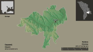 Causeni 'nin şekli, Moldova ilçesi ve başkenti. Uzaklık ölçeği, ön gösterimler ve etiketler. Topografik yardım haritası. 3B görüntüleme