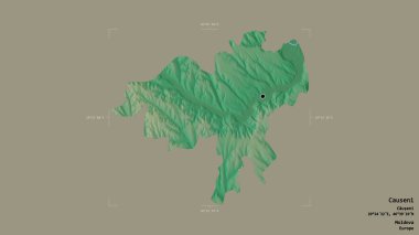 Moldova 'nın Causeni bölgesi, katı bir arka planda bir sınır kutusunda izole edilmiş. Etiketler. Topografik yardım haritası. 3B görüntüleme