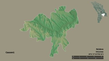 Moldova 'nın Causeni ilçesi, başkenti sağlam arka planda izole edilmiş. Uzaklık ölçeği, bölge önizlemesi ve etiketleri. Topografik yardım haritası. 3B görüntüleme