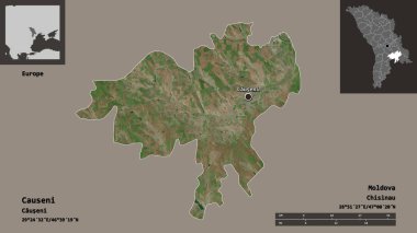 Causeni 'nin şekli, Moldova ilçesi ve başkenti. Uzaklık ölçeği, ön gösterimler ve etiketler. Uydu görüntüleri. 3B görüntüleme