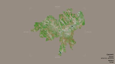 Moldova 'nın Causeni bölgesi, katı bir arka planda bir sınır kutusunda izole edilmiş. Etiketler. Uydu görüntüleri. 3B görüntüleme