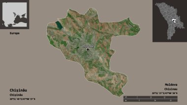 Chisinau, Moldova şehri ve başkenti. Uzaklık ölçeği, ön gösterimler ve etiketler. Uydu görüntüleri. 3B görüntüleme