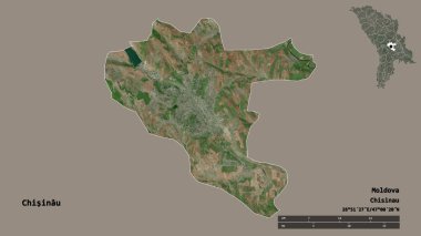 Moldova 'nın başkenti Chisinau' nun katı arka planda izole edilmiş hali. Uzaklık ölçeği, bölge önizlemesi ve etiketleri. Uydu görüntüleri. 3B görüntüleme